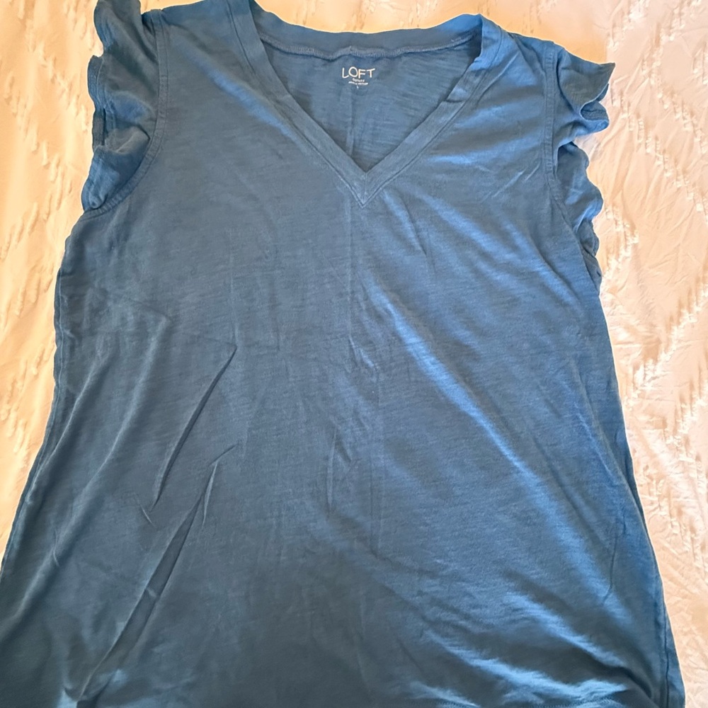 LOFT Blue V-Neck Ruffle Sleeve Tee